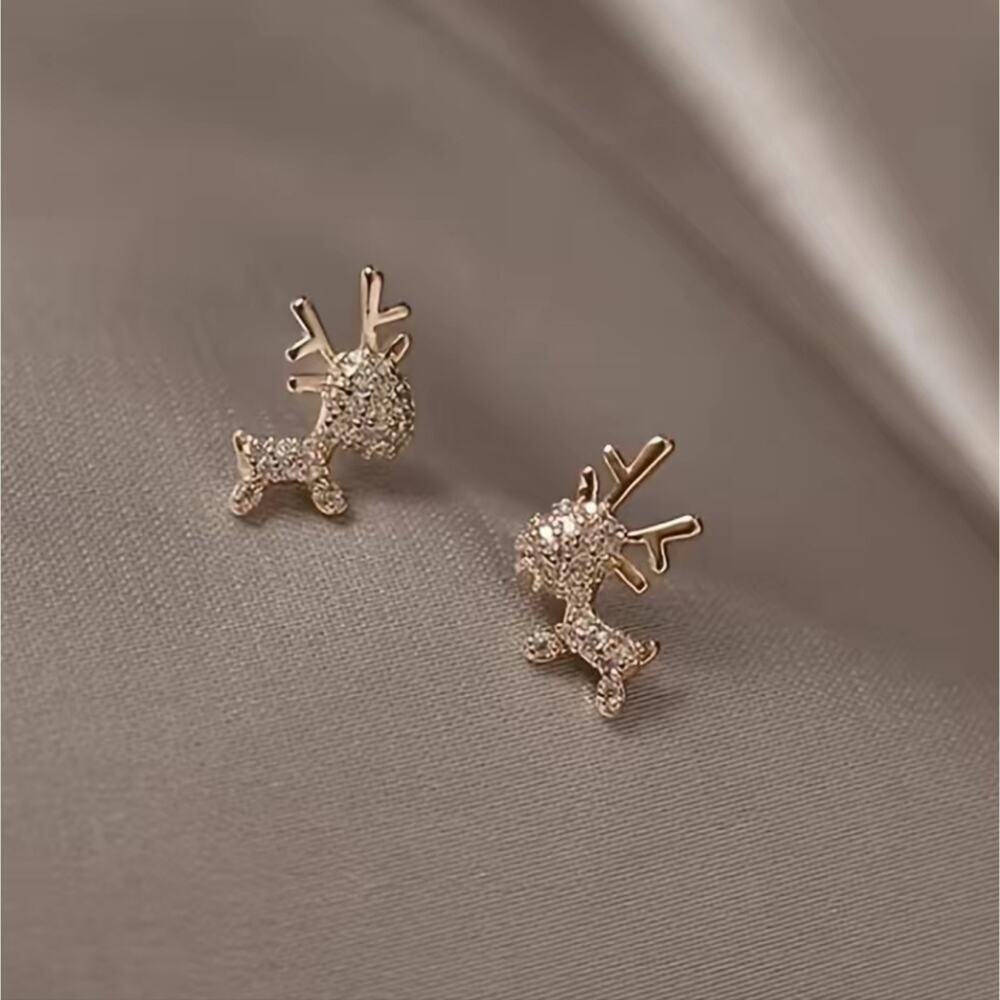 Gold tone and crystal cute reindeer post earrings